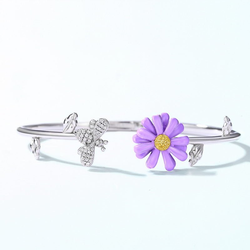 White gold-plated 925 sterling silver chrysanthemum and bee bracelet, 61mm chain and 14g