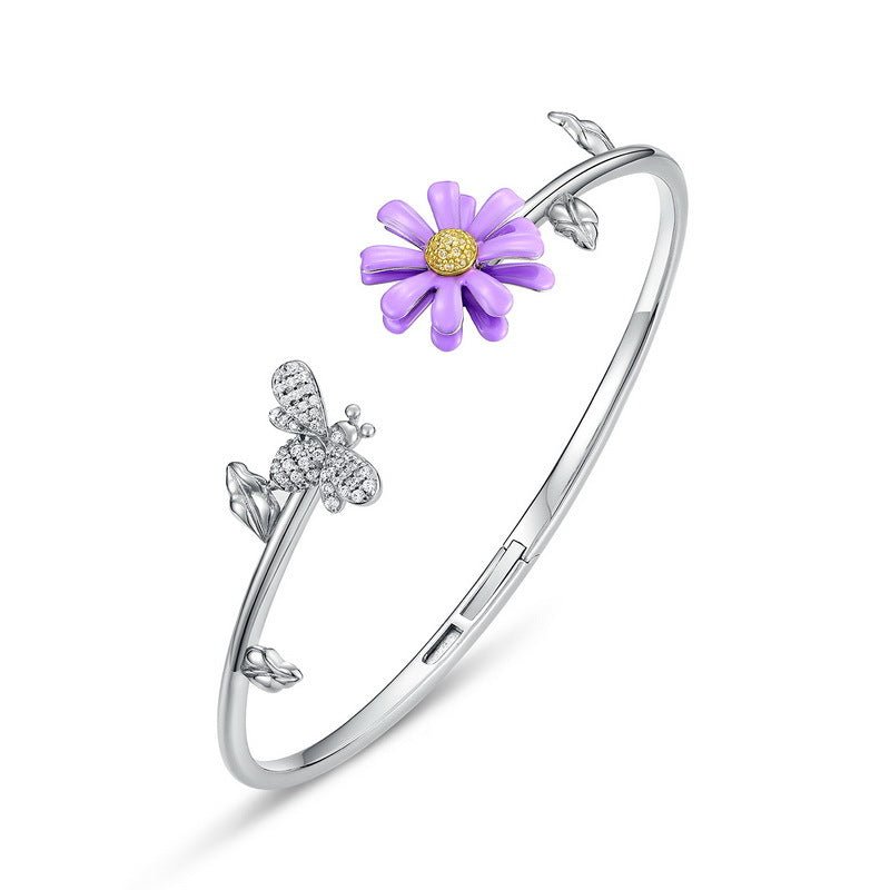 White gold-plated 925 sterling silver chrysanthemum and bee bracelet, 61mm chain and 14g