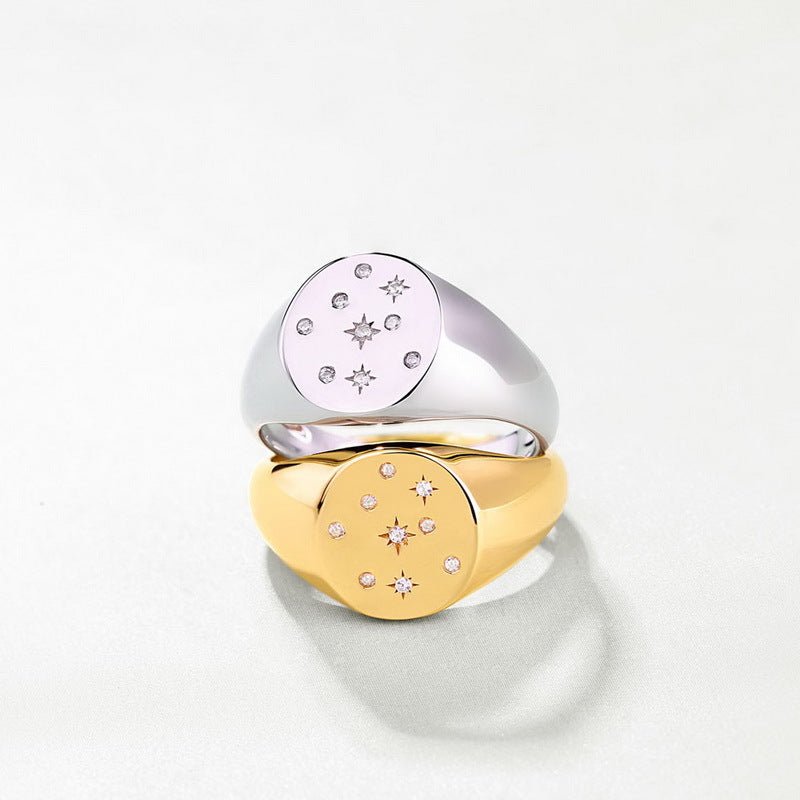 Gold-plated 925 sterling silver diamond star seal ring, 3.75g.