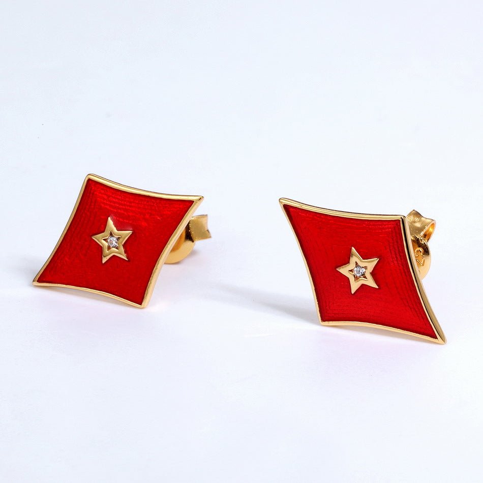 Gold-plated 925 sterling silver red square earrings, 26.5*32mm, 2.04g.