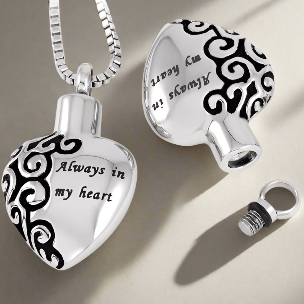 Cremation Ashes Necklace Jewellery, Memorial Gift - Always in my Heart Pendant, Personalised Memorial Jewelry - Engraved Memories