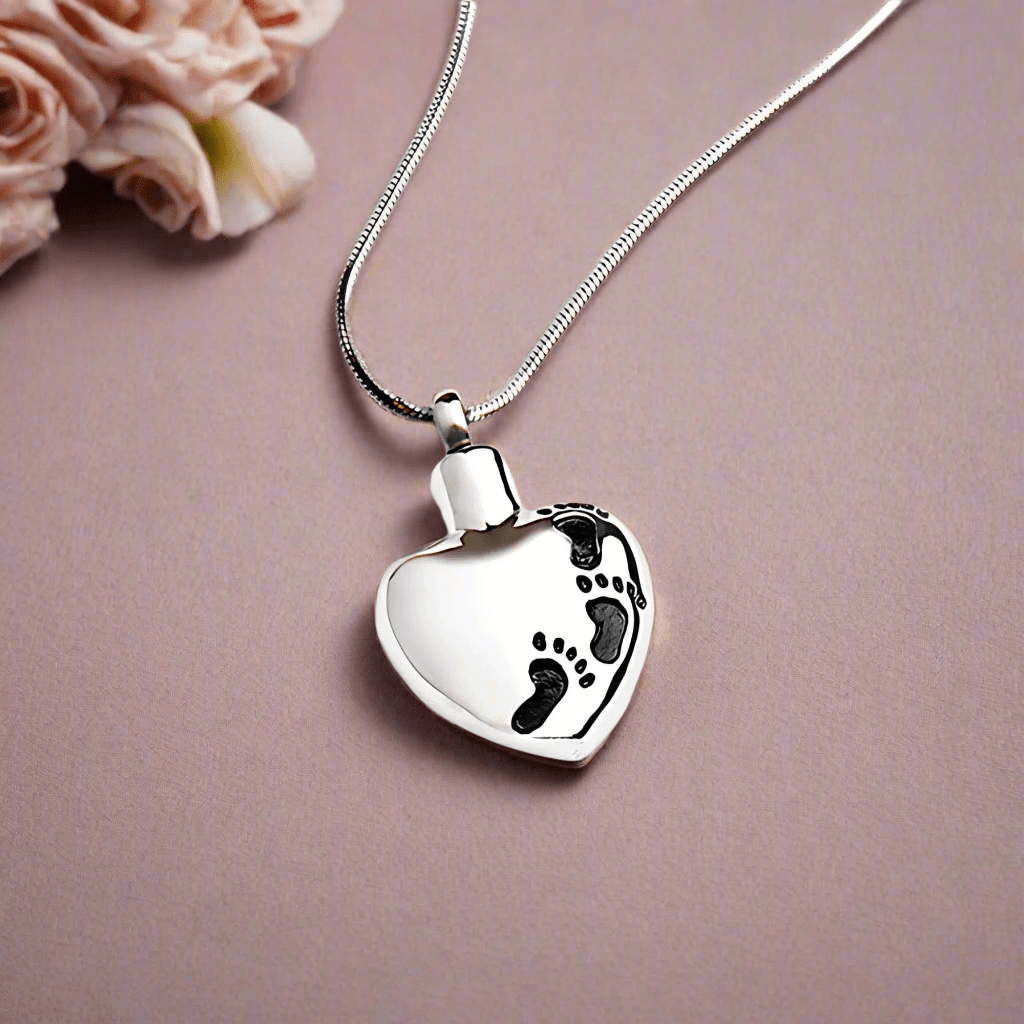 Cremation Ashes Necklace, Memorial Gift, Memorial Urn Footprints On Heart Pendant with Chain, Stainless Steel, Bereavement gift - Engraved Memories