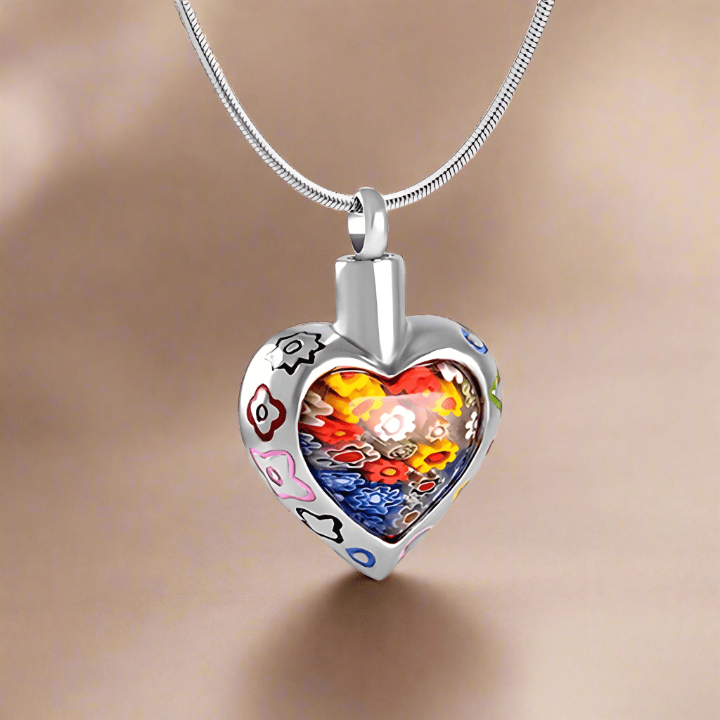 Cremation Ashes Necklace, Memorial keepsake, Remembrance Gift, Bereavement Jewellery, Murano glass and Stainless Steel Heart Pendant - Engraved Memories