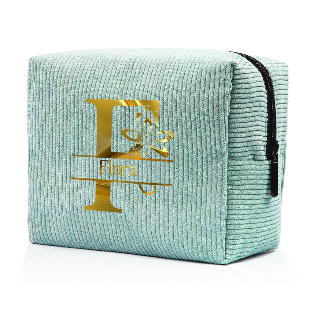 Personalized corduroy cosmetic pouch for women. Spacious interior, soft material, and stylish design.