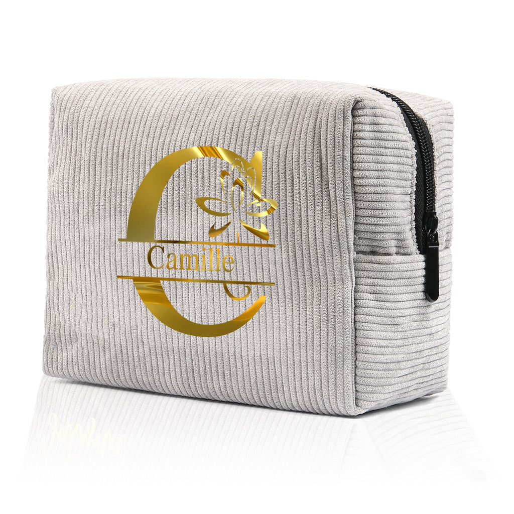 Corduroy makeup bag with personalized touch. Lightweight, durable, and perfect for travel.