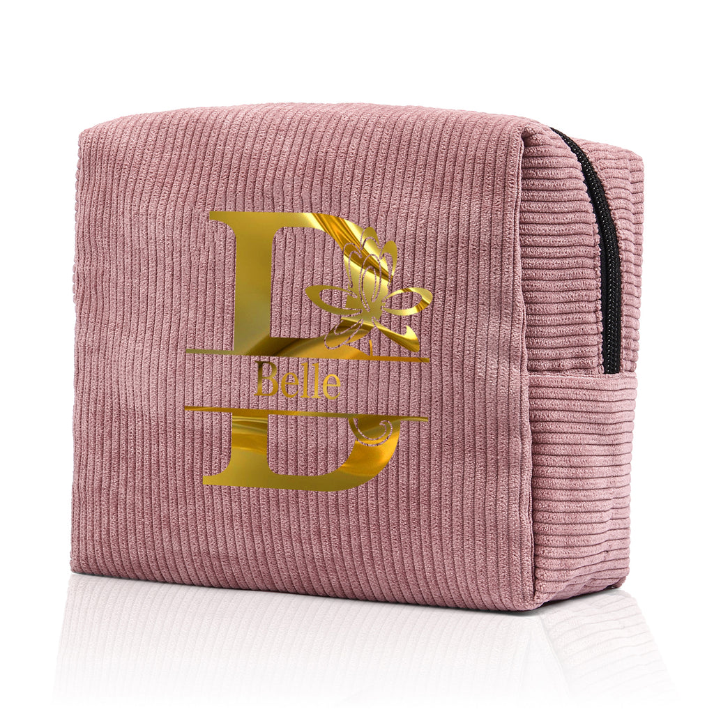 Personalized travel makeup pouch for daily use. Durable corduroy fabric with custom name engraving.