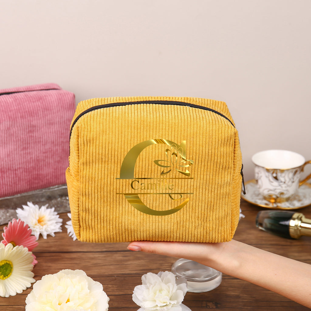 Chic personalized makeup bag with monogram option. Compact, stylish, and ideal for travel or daily use.