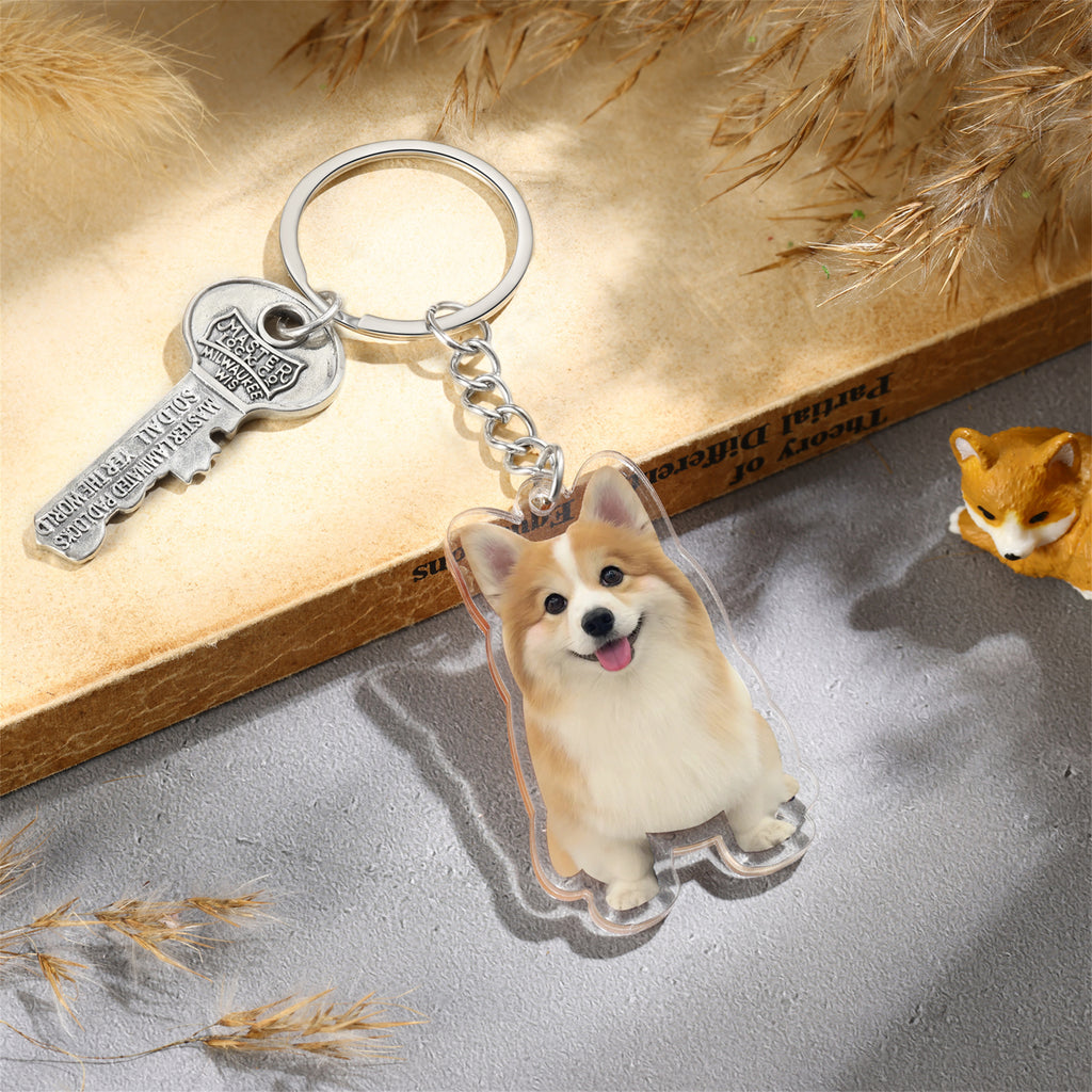 Custom pet portrait keychain, colorful acrylic design. Size: 34x1x53mm, weight: 20g. Sentimental keepsake.