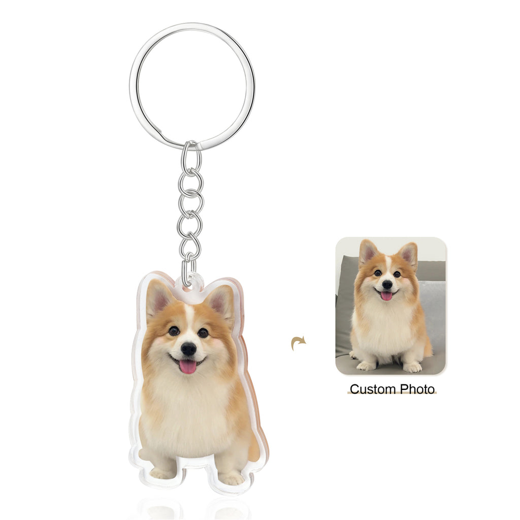 Personalized acrylic pet keyring, high-quality print. Size: 34x1x53mm, weight: 20g. Attach to keys or bags.