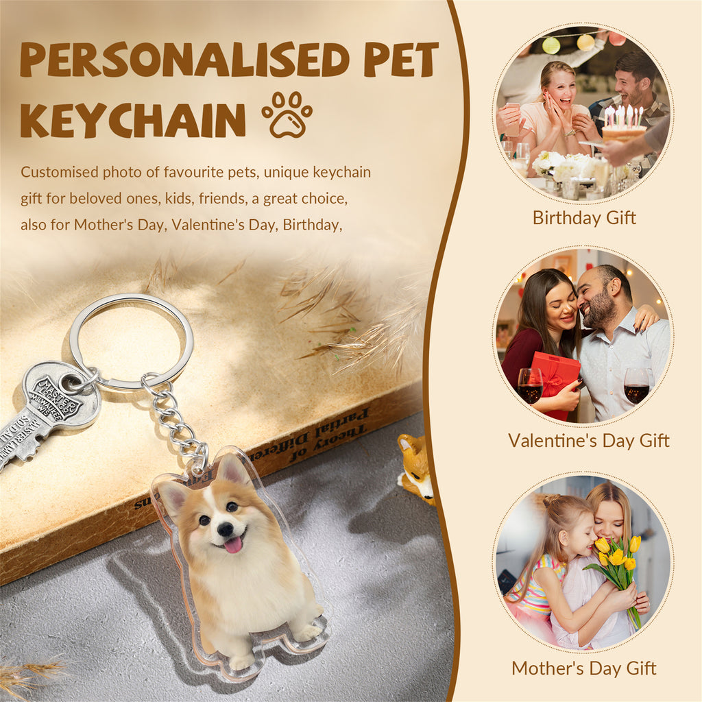 Custom acrylic pet photo keychain with vibrant print. Size: 34x1x53mm, weight: 20g. Perfect for pet lovers.