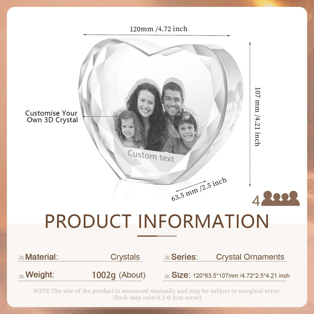 Custom 3D Heart - Shaped Crystal Photo Ornament – Large - Engraved Memories