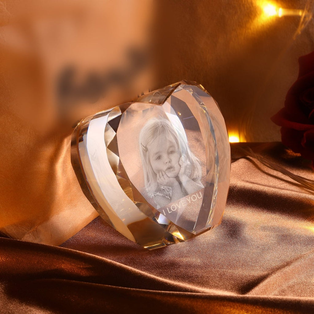 Custom 3D Heart - Shaped Crystal Photo Ornament – Personalised Keepsake - Engraved Memories