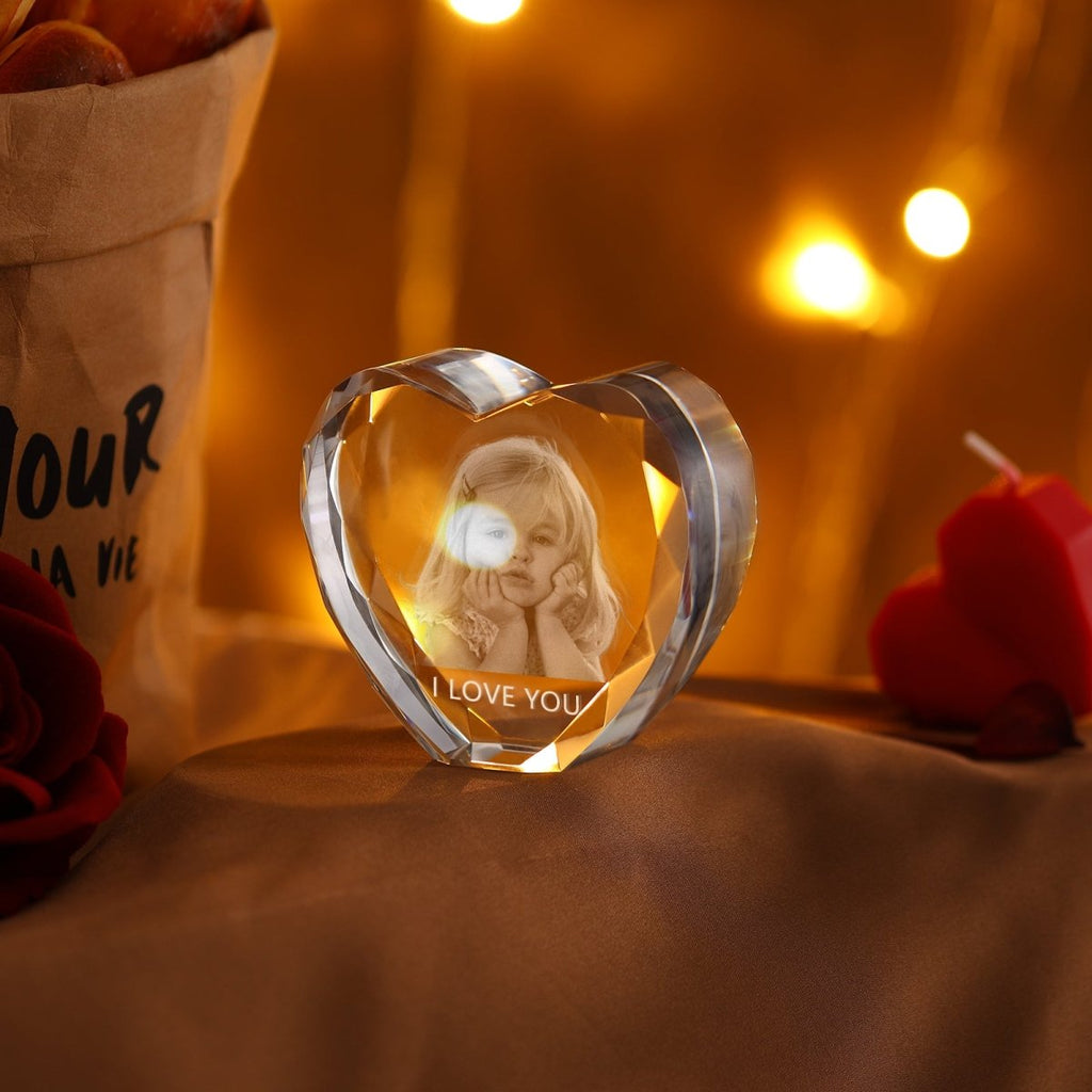 Custom 3D Heart - Shaped Crystal Photo Ornament – Personalised Keepsake - Engraved Memories