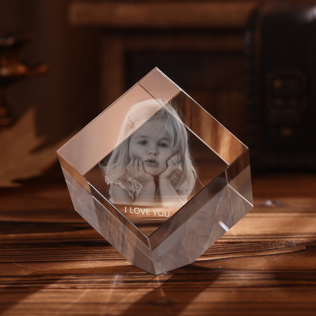 Custom 3D Photo Crystal Ornament Cube Shape - Small - Engraved Memories