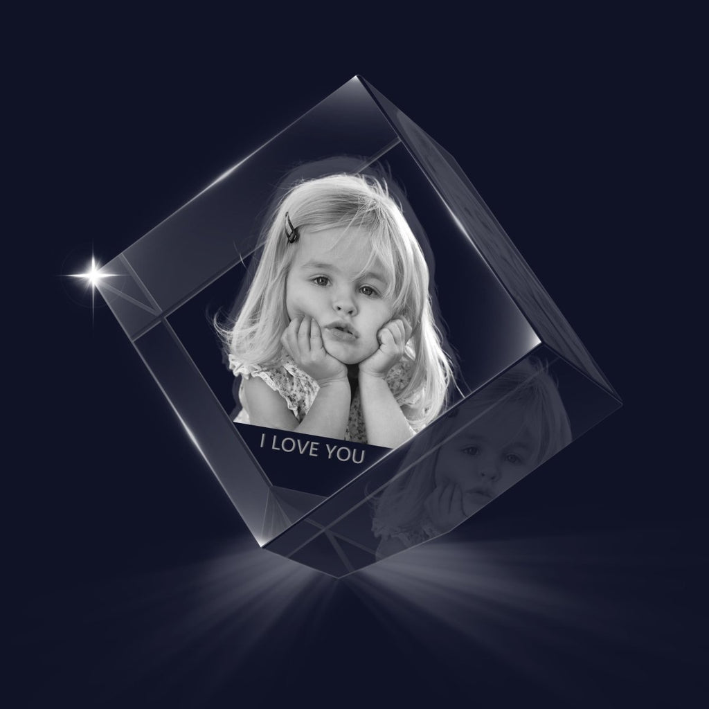 Custom 3D Photo Crystal Ornament Cube Shape - Small - Engraved Memories