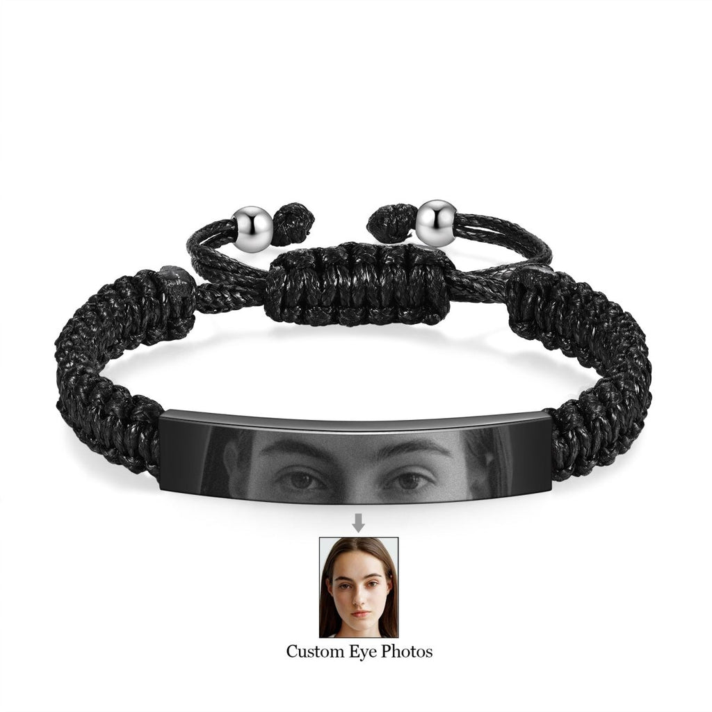 Custom Eyes Personalised Photo Bracelet – Stainless Steel & Braided Rope | Steel, Black, Gold | Adjustable 17 - 23cm - Engraved Memories