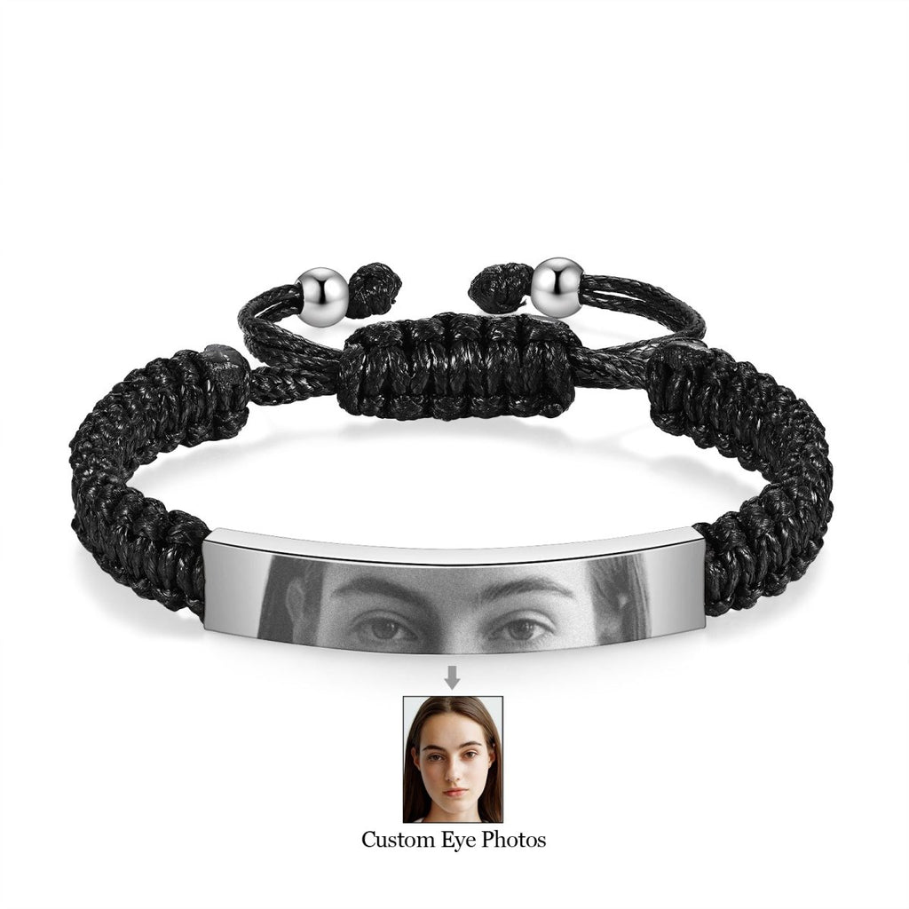 Custom Eyes Personalised Photo Bracelet – Stainless Steel & Braided Rope | Steel, Black, Gold | Adjustable 17 - 23cm - Engraved Memories