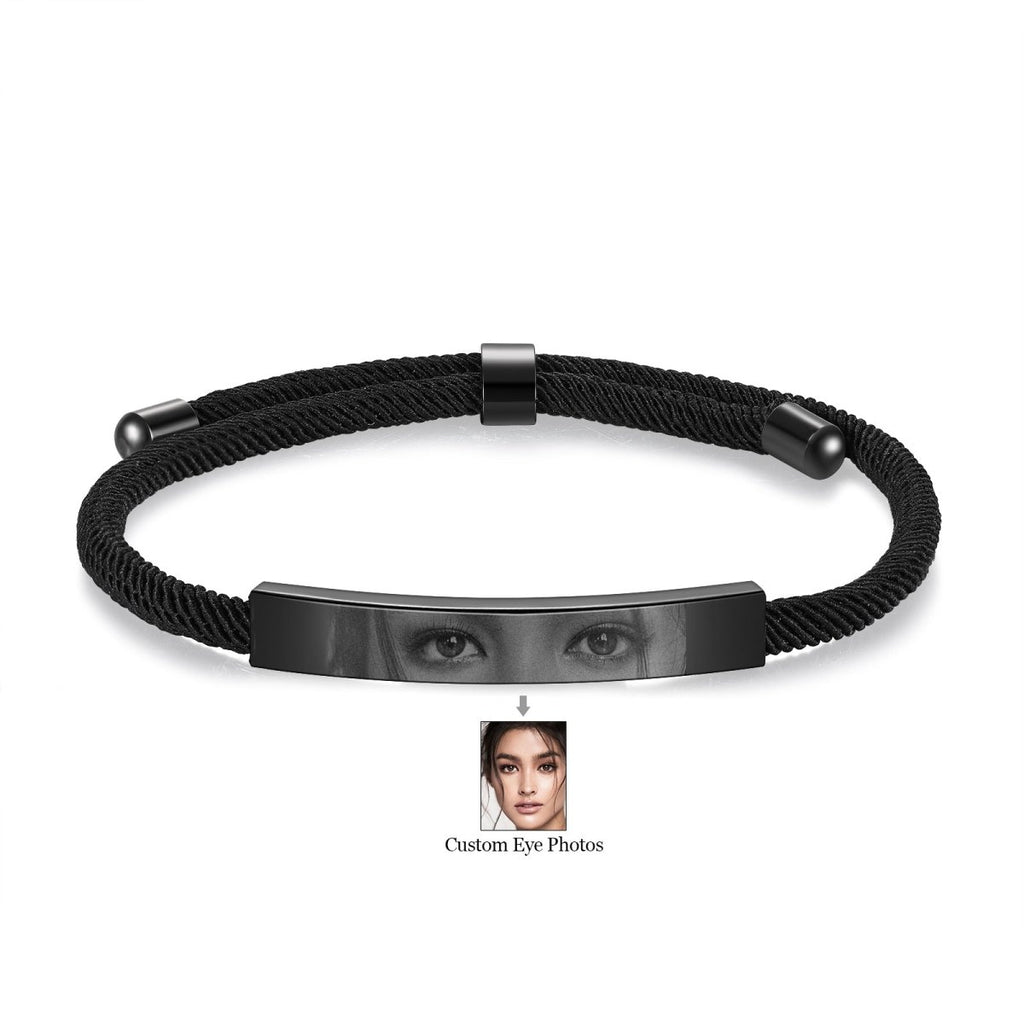 Custom Eyes Personalised Photo Bracelet – Stainless Steel & Braided Rope | Steel, Black, Gold | Adjustable 17 - 23cm - Engraved Memories