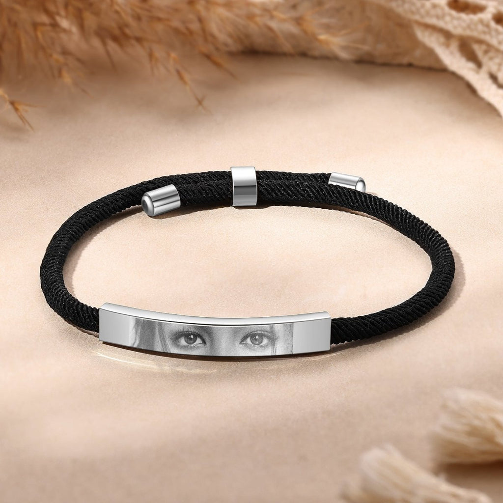 Custom Eyes Personalised Photo Bracelet – Stainless Steel & Braided Rope | Steel, Black, Gold | Adjustable 17 - 23cm - Engraved Memories