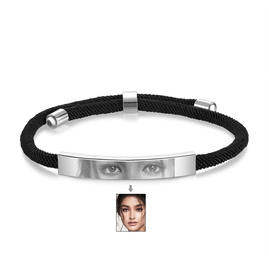 Custom Eyes Personalised Photo Bracelet – Stainless Steel & Braided Rope | Steel, Black, Gold | Adjustable 17 - 23cm - Engraved Memories