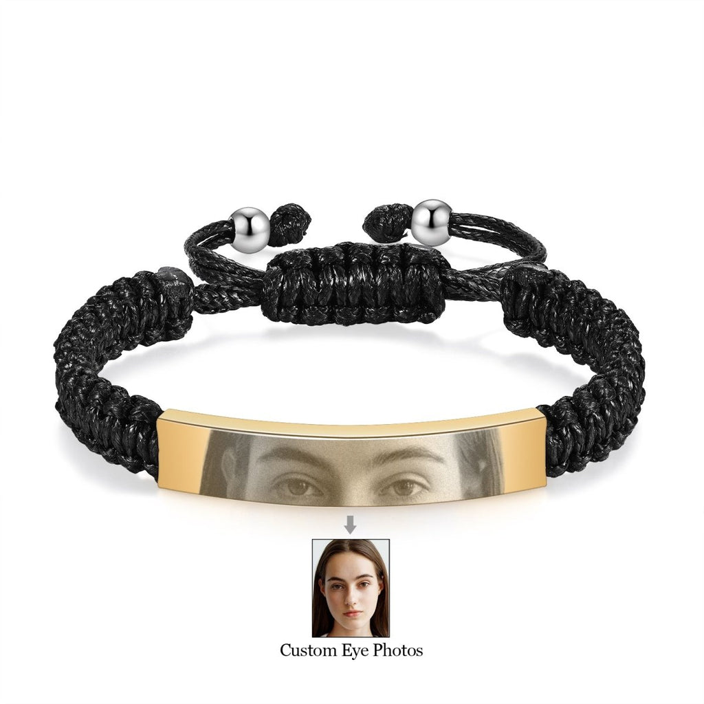 Custom Eyes Personalised Photo Bracelet – Stainless Steel & Braided Rope | Steel, Black, Gold | Adjustable 17 - 23cm - Engraved Memories