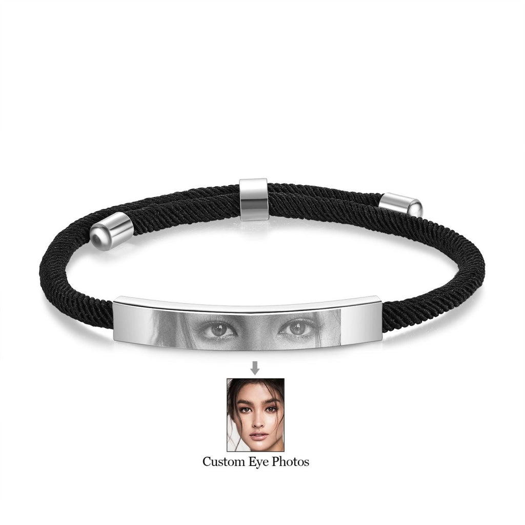 Custom Eyes Personalised Photo Bracelet – Stainless Steel & Braided Rope | Steel, Black, Gold | Adjustable 17 - 23cm - Engraved Memories