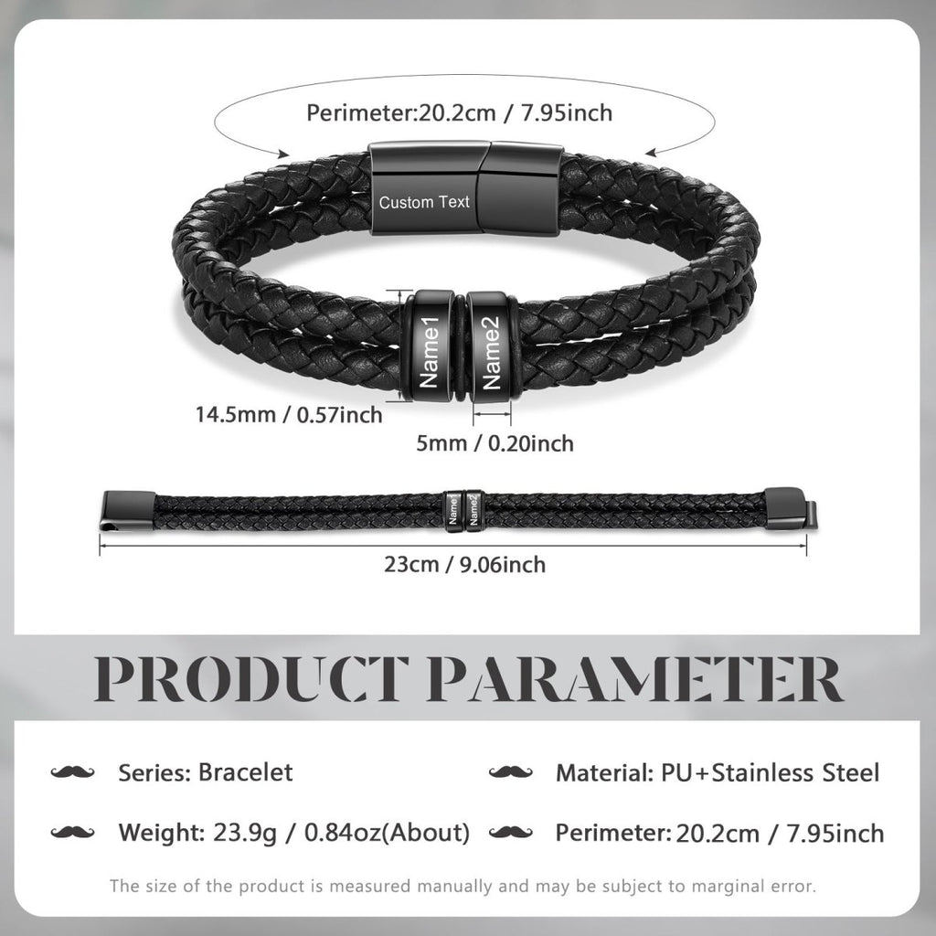 Personalized stainless steel and leather bracelet, black color, 20cm length, 26g weight, stylish and meaningful custom accessory.