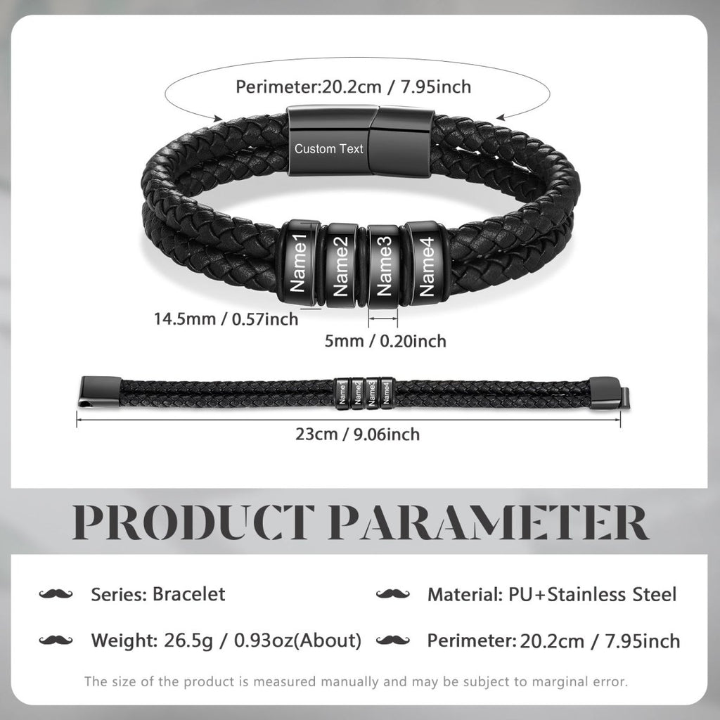 Personalized stainless steel and leather bracelet, black color, 20cm length, 26g weight, stylish and meaningful custom accessory.