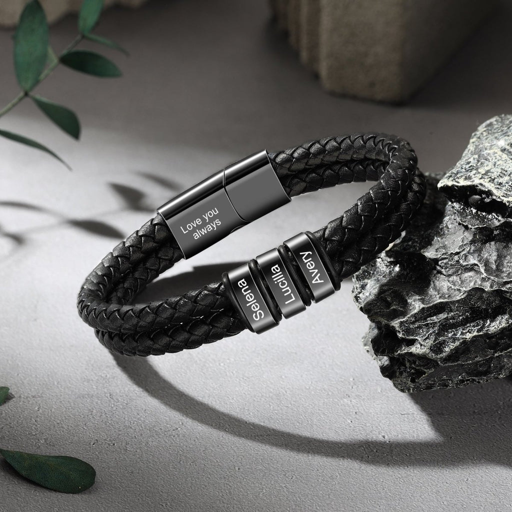 Personalized stainless steel and leather bracelet, black color, 20cm length, 26g weight, stylish and meaningful custom accessory.