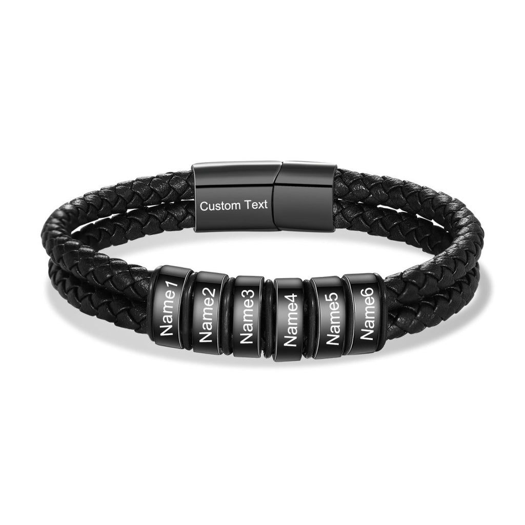 Personalized stainless steel and leather bracelet, black color, 20cm length, 26g weight, stylish and meaningful custom accessory.