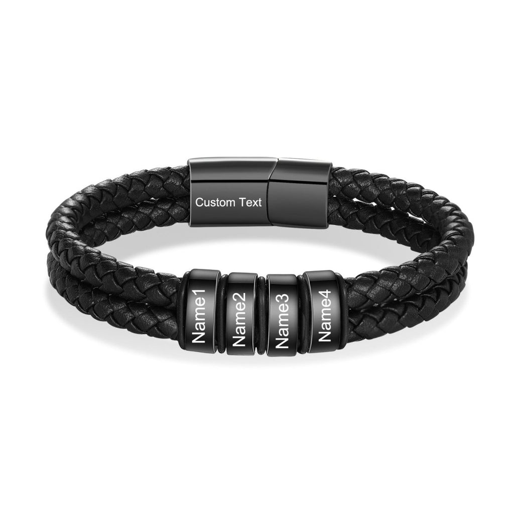 Personalized stainless steel and leather bracelet, black color, 20cm length, 26g weight, stylish and meaningful custom accessory.