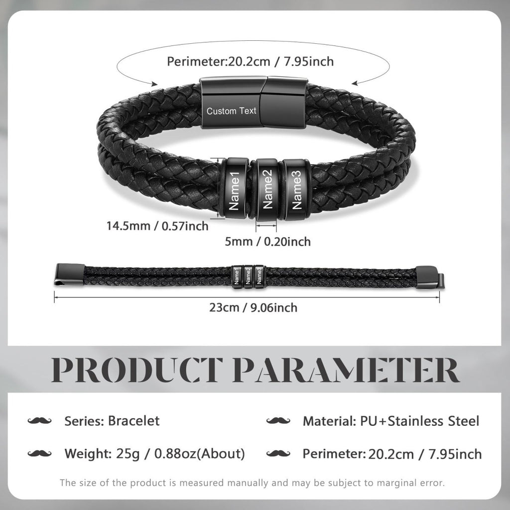 Personalized stainless steel and leather bracelet, black color, 20cm length, 26g weight, stylish and meaningful custom accessory.