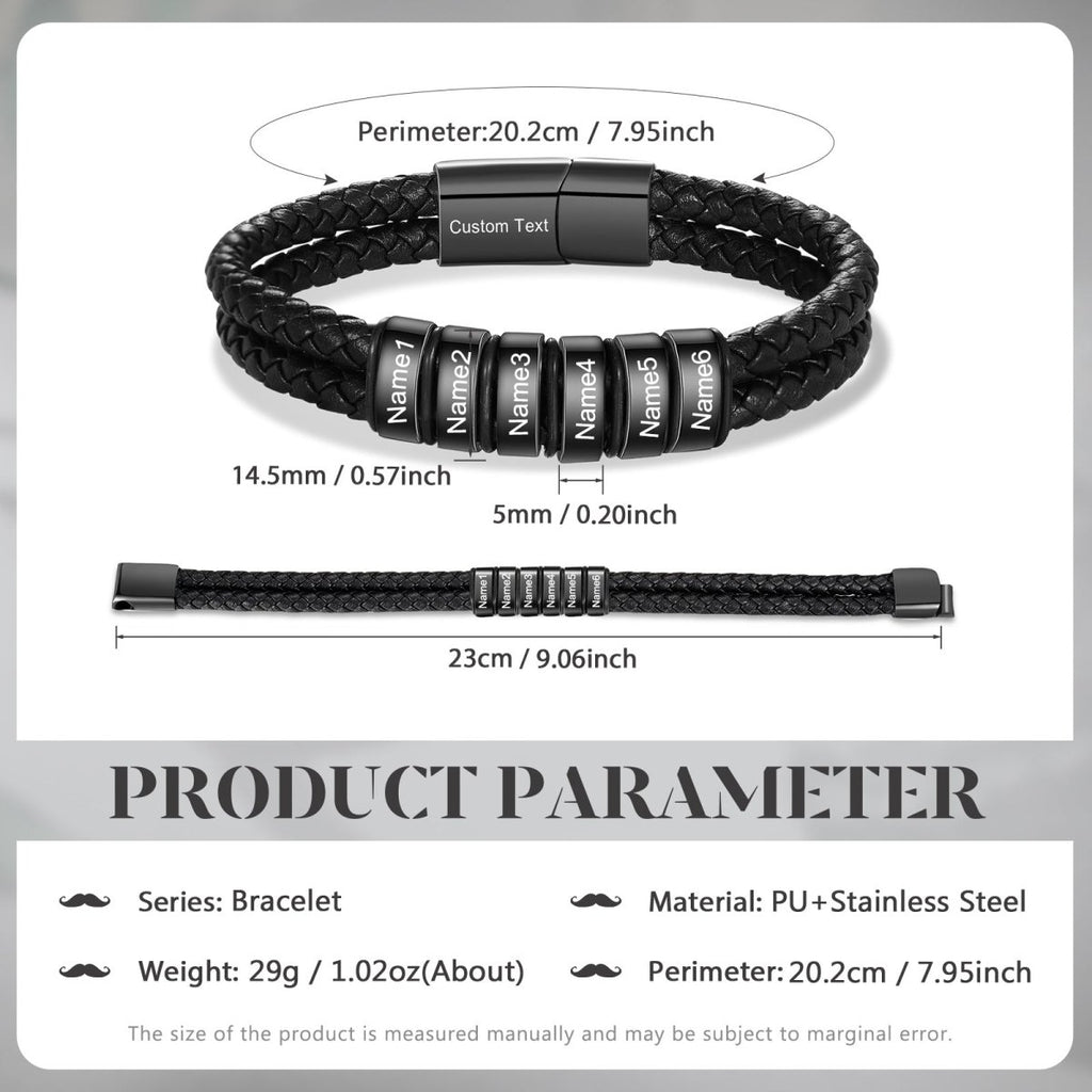 Personalized stainless steel and leather bracelet, black color, 20cm length, 26g weight, stylish and meaningful custom accessory.