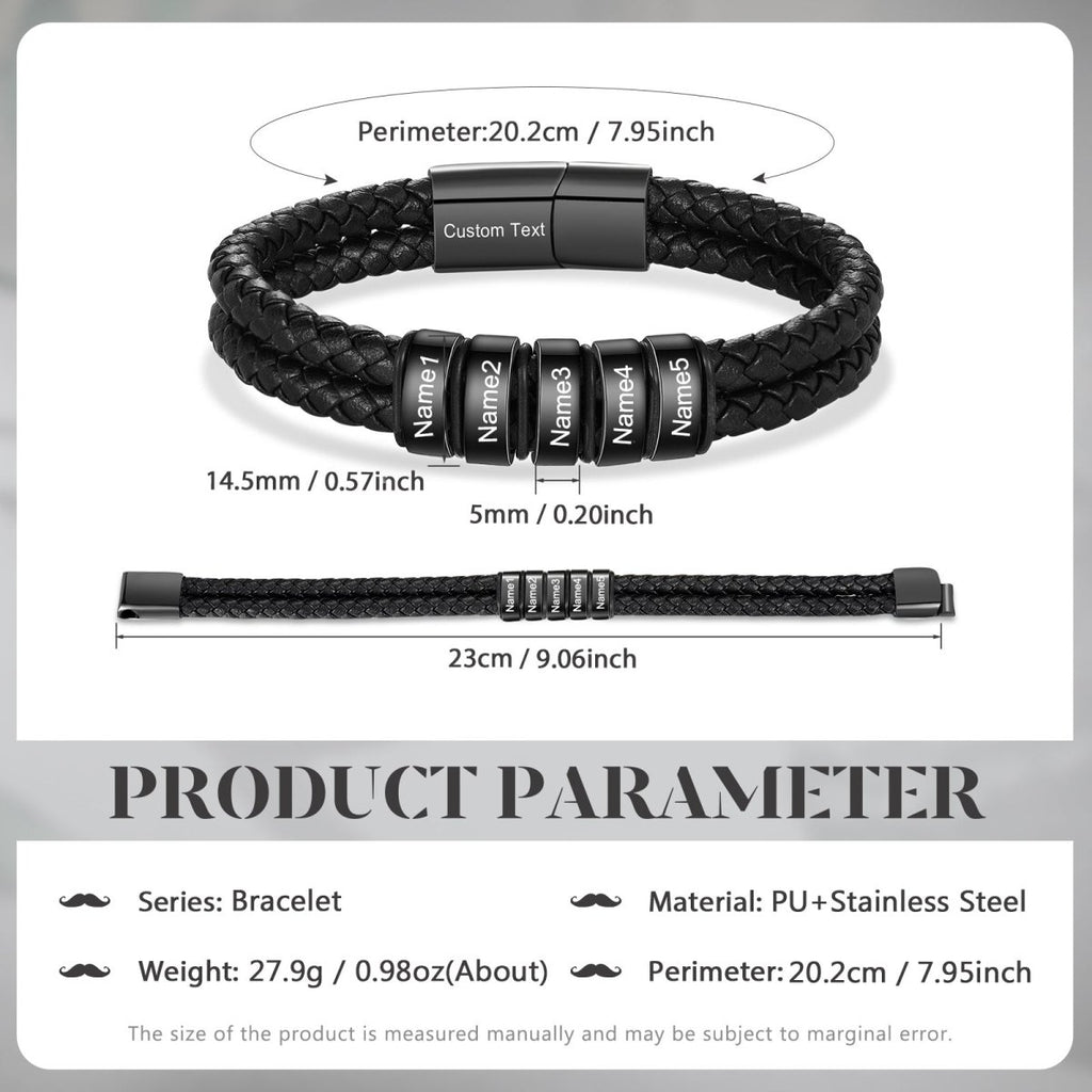 Personalized stainless steel and leather bracelet, black color, 20cm length, 26g weight, stylish and meaningful custom accessory.