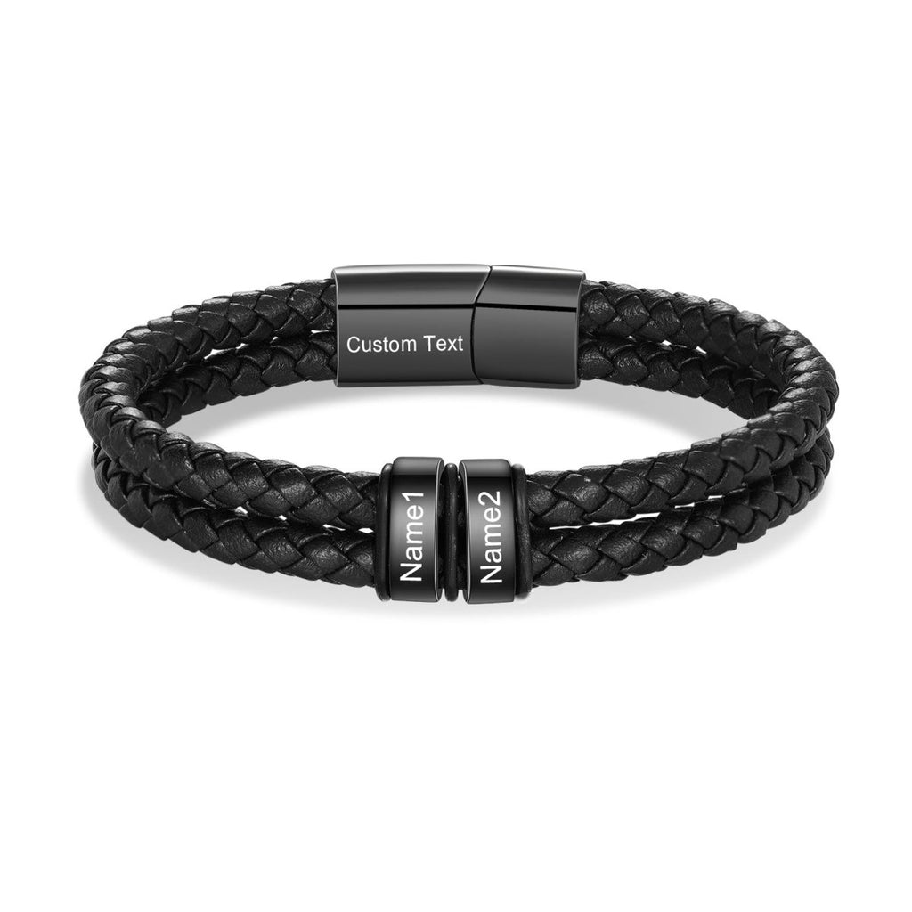 Personalized stainless steel and leather bracelet, black color, 20cm length, 26g weight, stylish and meaningful custom accessory.