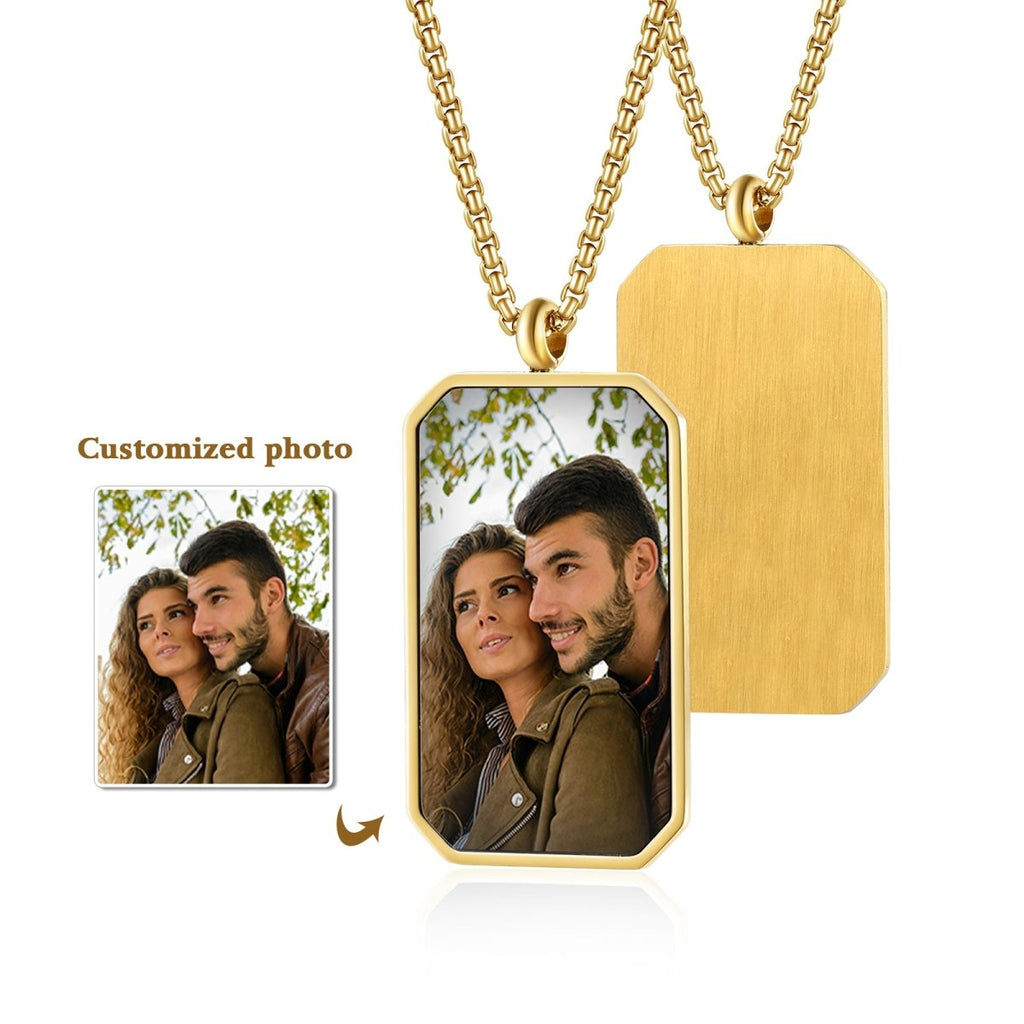 Custom photo gold-plated necklace with engraved name, 19x1x26mm, 9.3g, perfect gift for her.