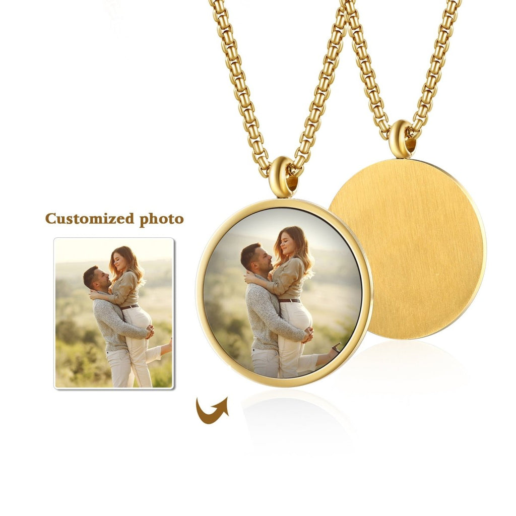 Gold-plated stainless steel necklace with hidden photo projection, 19x1x26mm, 9.3g, custom gift.