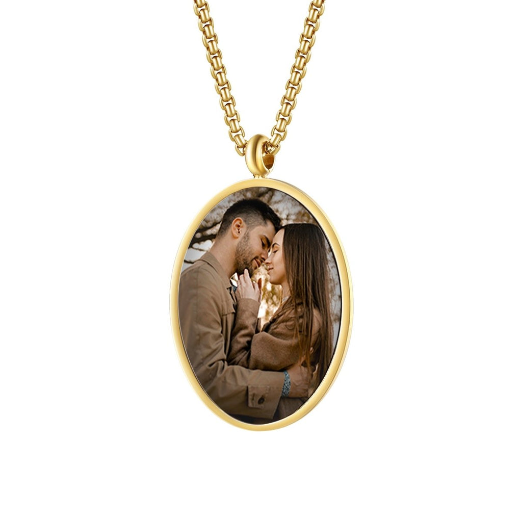 Gold stainless steel necklace with secret photo projection, 19x1x26mm, 9.3g, custom engraving.