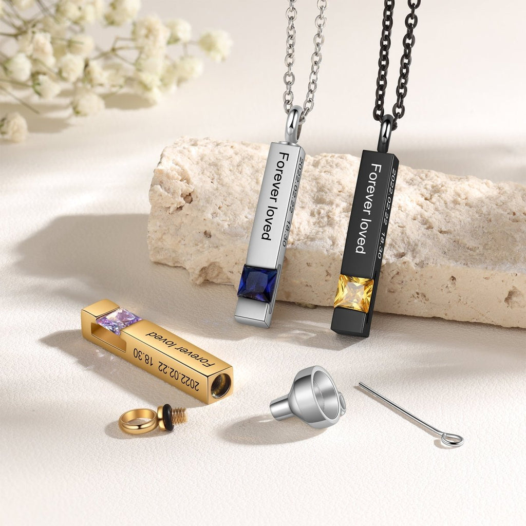 Custom vertical bar ashes necklace, black, stainless steel, or gold plated, 45+5cm, 6.3g.