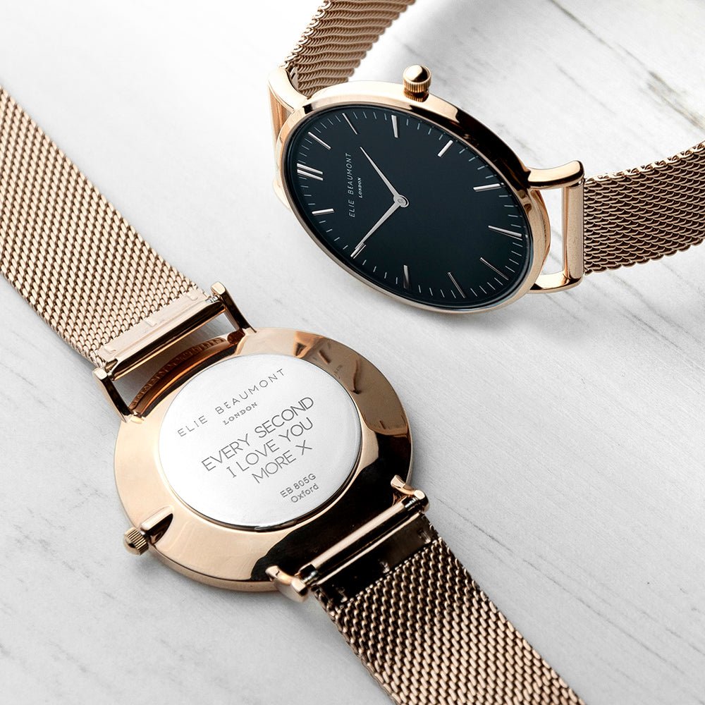 Elie Beaumont Personalised Ladies Rose Gold Mesh Strapped Watch With Black Dial - Engraved Memories