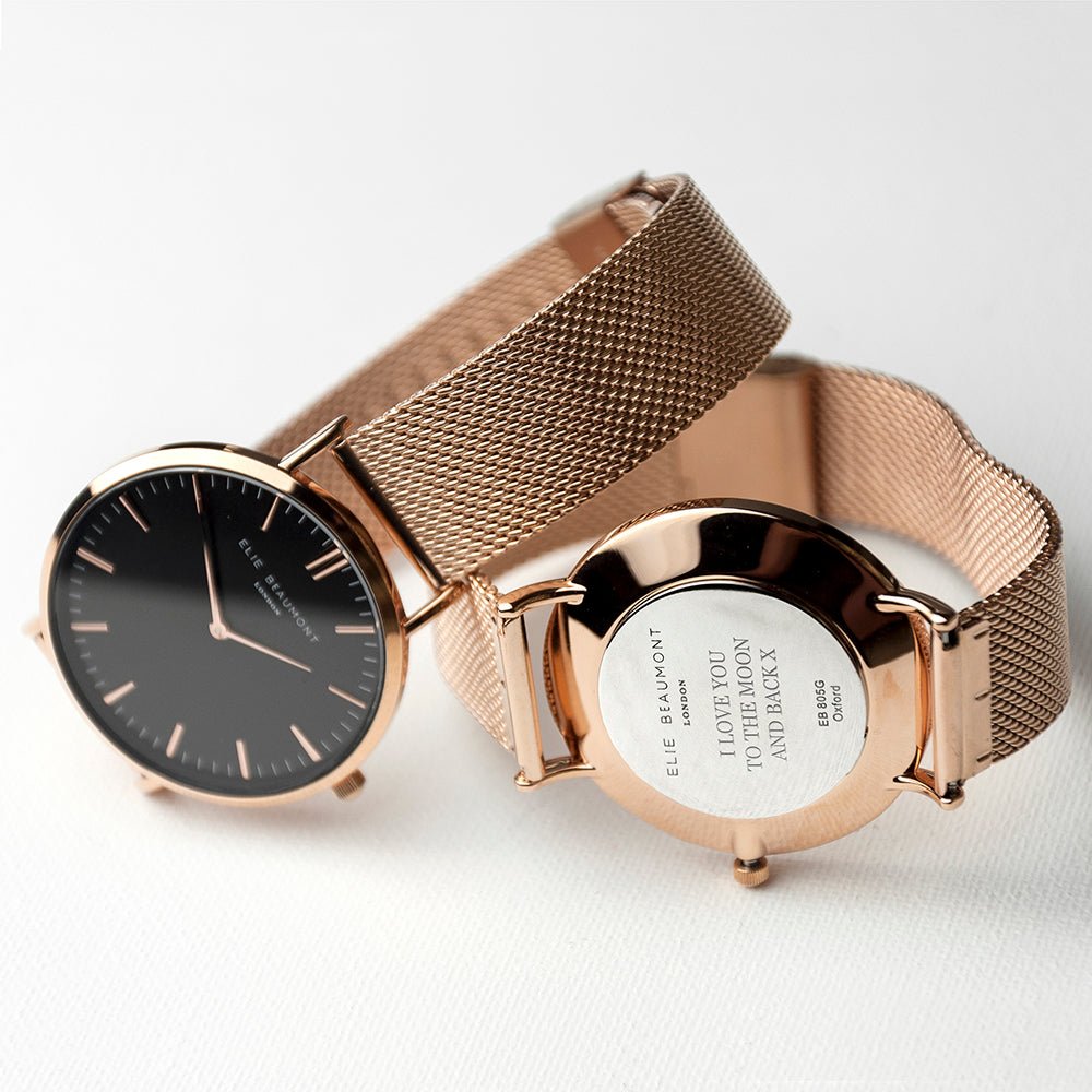 Elie Beaumont Personalised Ladies Rose Gold Mesh Strapped Watch With Black Dial - Engraved Memories