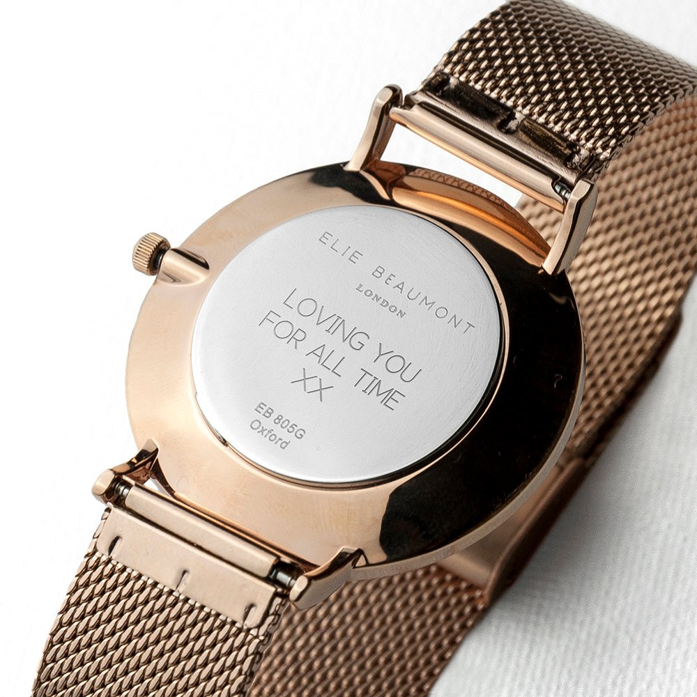 Elie Beaumont Personalised Ladies Rose Gold Mesh Strapped Watch With Black Dial - Engraved Memories