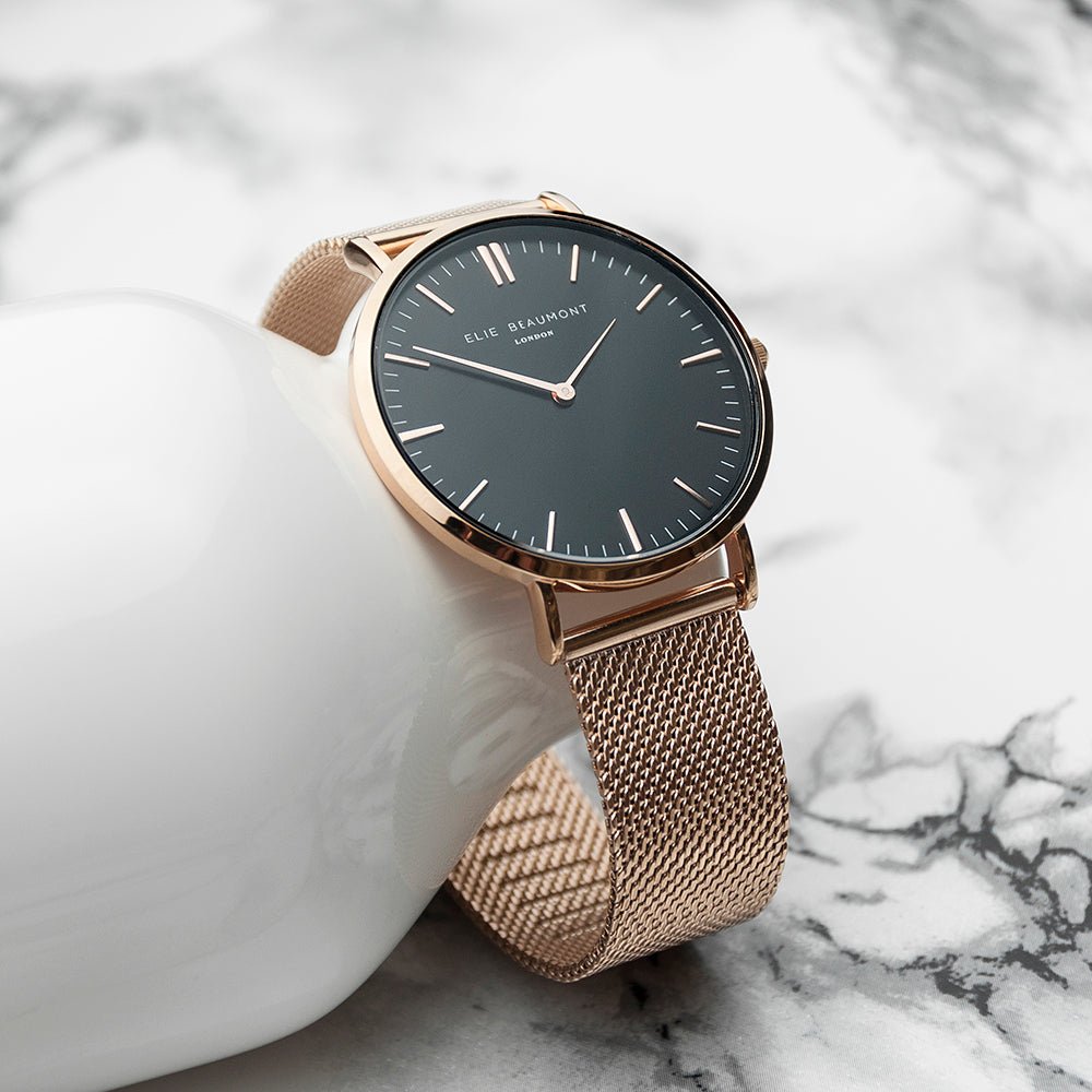 Elie Beaumont Personalised Ladies Rose Gold Mesh Strapped Watch With Black Dial - Engraved Memories