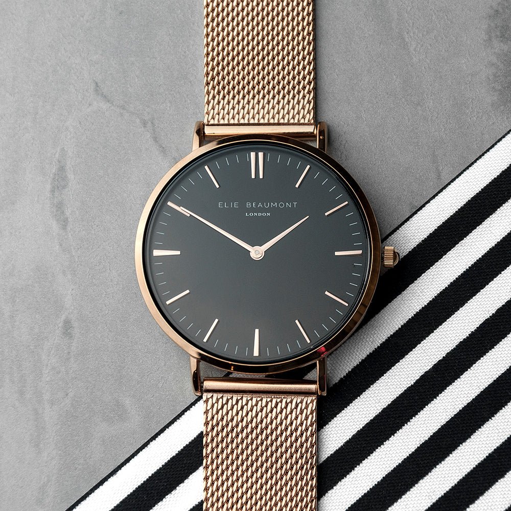 Elie Beaumont Personalised Ladies Rose Gold Mesh Strapped Watch With Black Dial - Engraved Memories