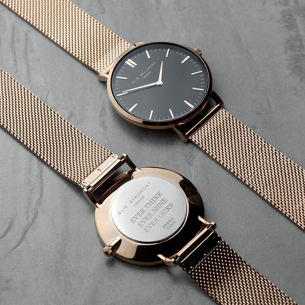 Elie Beaumont Personalised Ladies Rose Gold Mesh Strapped Watch With Black Dial - Engraved Memories