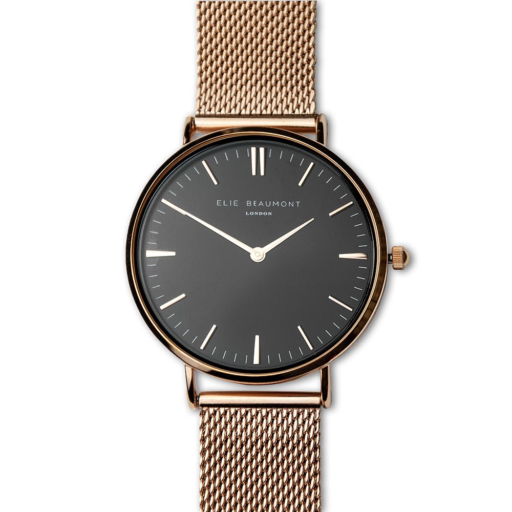 Elie Beaumont Personalised Ladies Rose Gold Mesh Strapped Watch With Black Dial - Engraved Memories