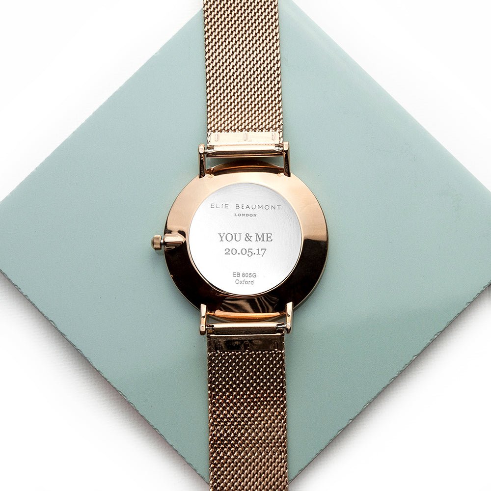 Elie Beaumont Personalised Ladies Rose Gold Mesh Strapped Watch With Black Dial - Engraved Memories