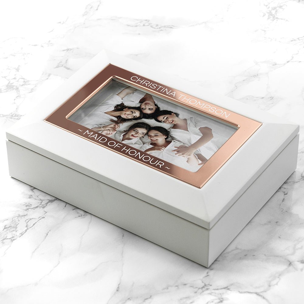 Luxurious White & Rose Gold Jewellery Storage with Photo Insert - Engraved Memories