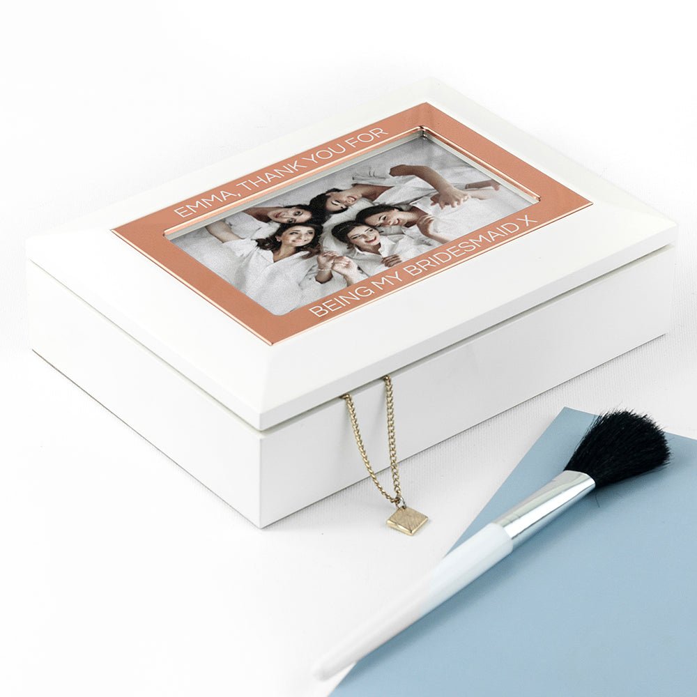 Luxurious White & Rose Gold Jewellery Storage with Photo Insert - Engraved Memories