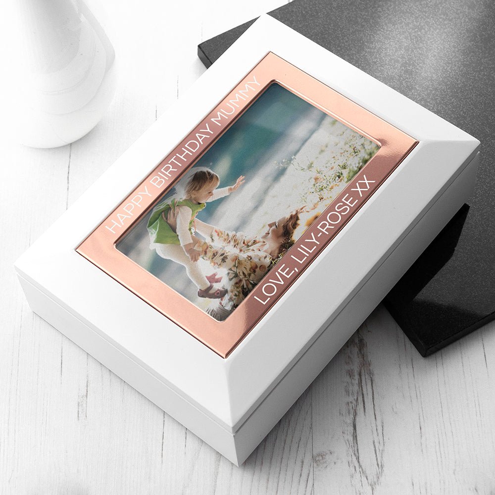 Luxurious White & Rose Gold Jewellery Storage with Photo Insert - Engraved Memories